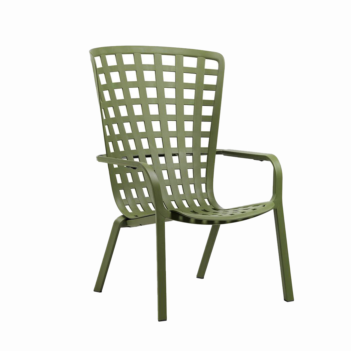 Reclining armchair. Uniformly colored fiberglass polypropylene resins with UV additives. Matt finish. With non-slip feet. Cushion available. Recyclable resin. Also avaliable in rocking chair version.